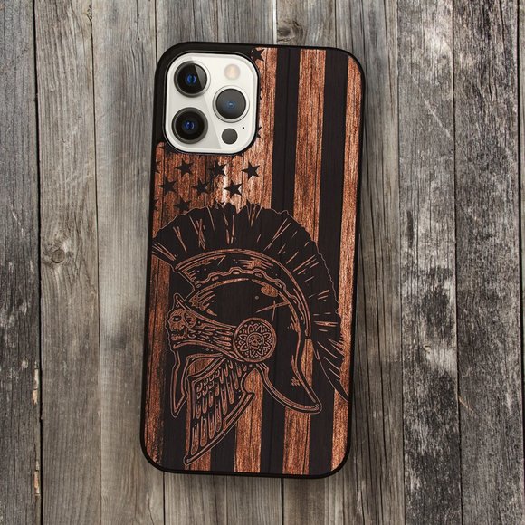 Wood American USA Flag Spartan Warrior Helmet Ancient Greek iPhone Case - Picture 1 of 1